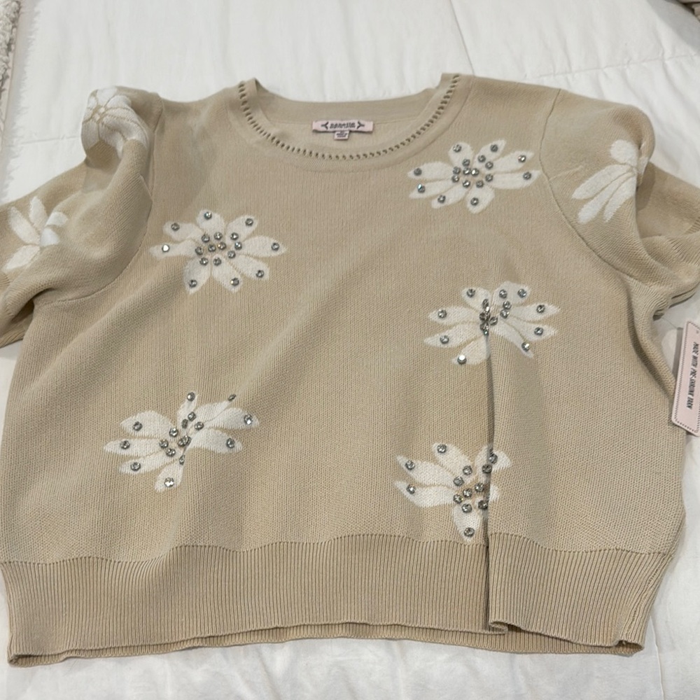 Nanette NEW WITH TAGS..Beige Sweater with floral rhinestone embellishments